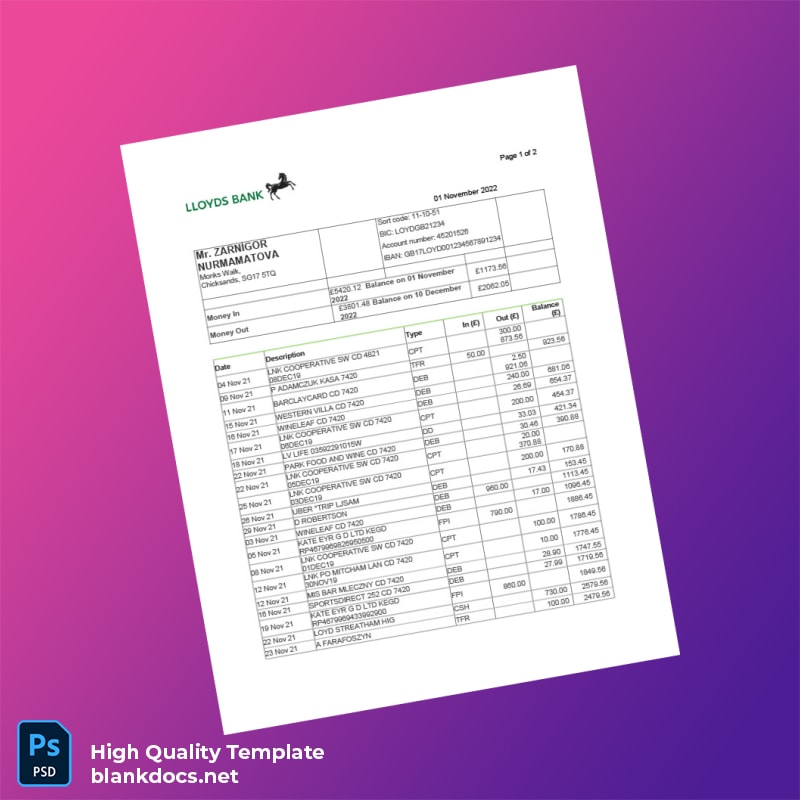 UK Lloyds Bank Bank Statement Template in Word and PDF formats