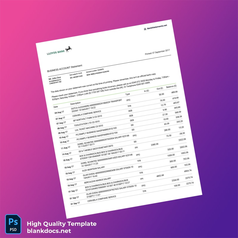 UK Lloyds Bank Business Account Statement Template in Word and PDF formats