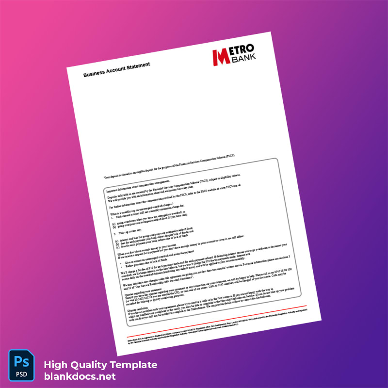 UK Metro Bank Business Account Statement Template in Word and PDF formats page 5