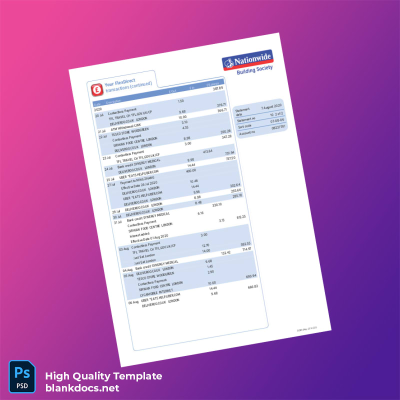 UK Nationwide Bank Statement Template in Word and PDF formats page 2