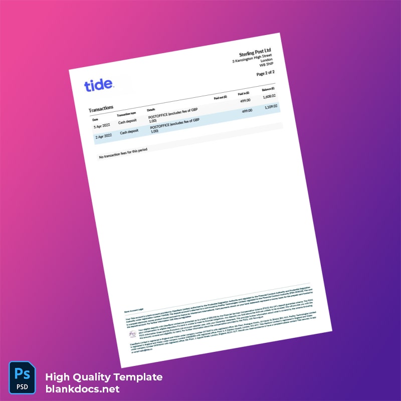 UK Sterling Post Ltd Bank Statement Template in Word and PDF formats page 2