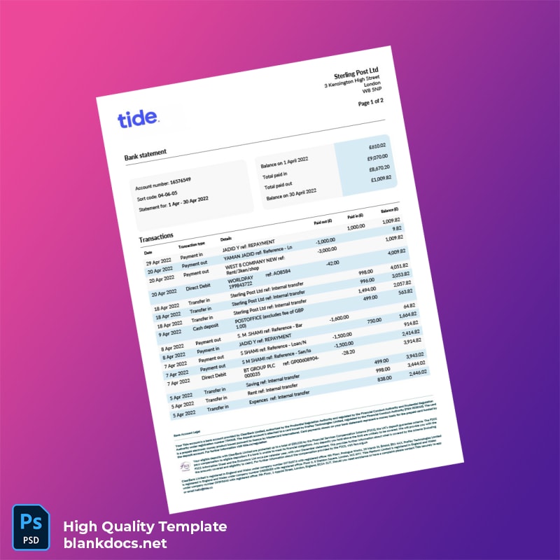 UK Sterling Post Ltd Bank Statement Template in Word and PDF formats
