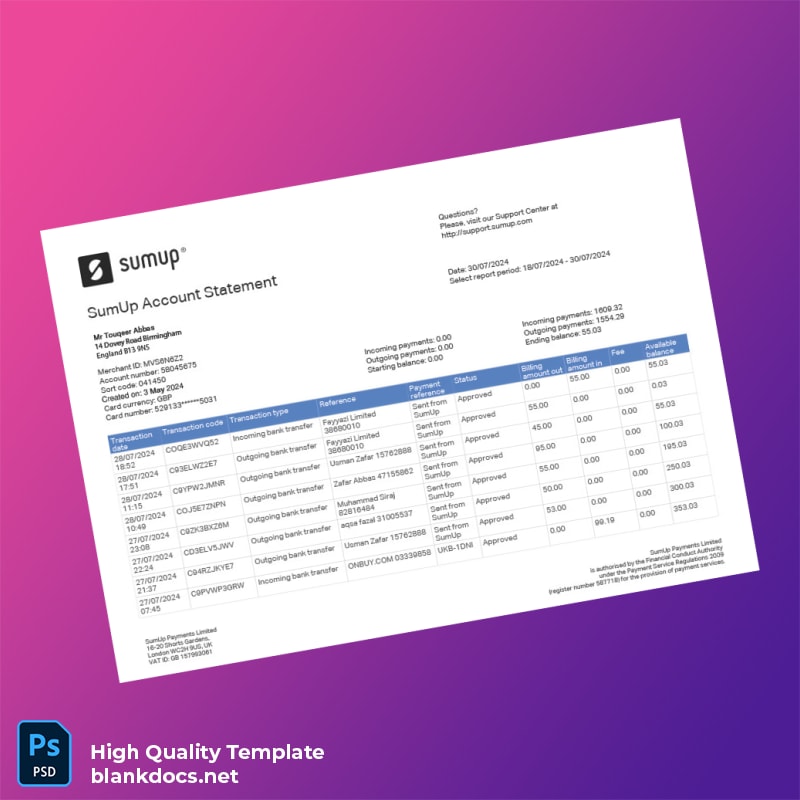 UK SumUp Account Statement Template in Word and PDF formats