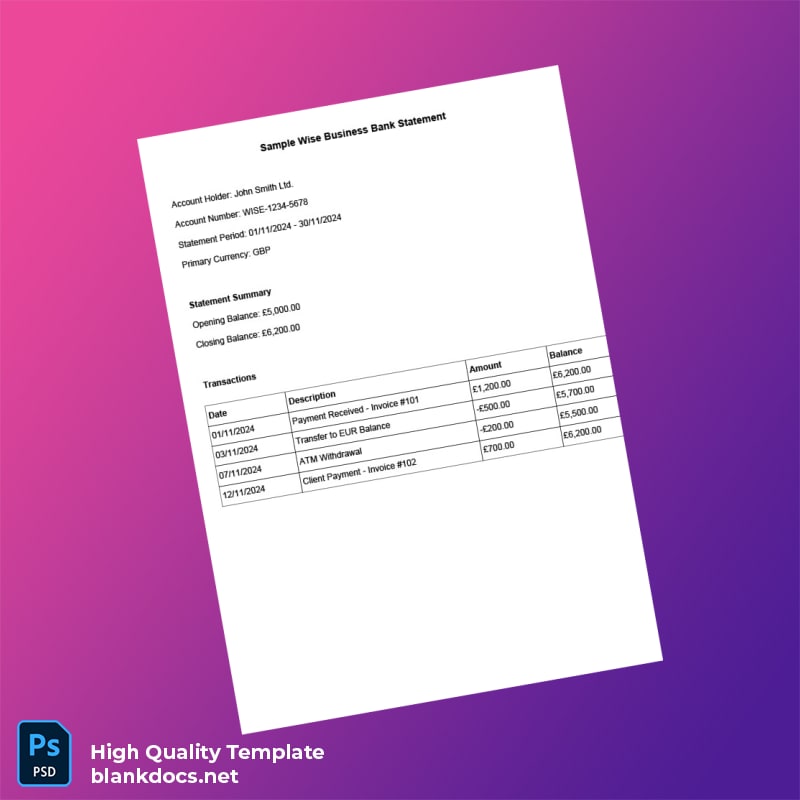 UK WISE Business Bank Statement Template in Word and PDF formats