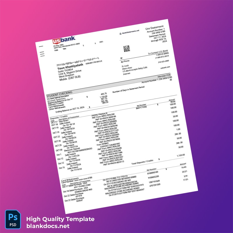 US US Bank Statement Template in Word and PDF formats
