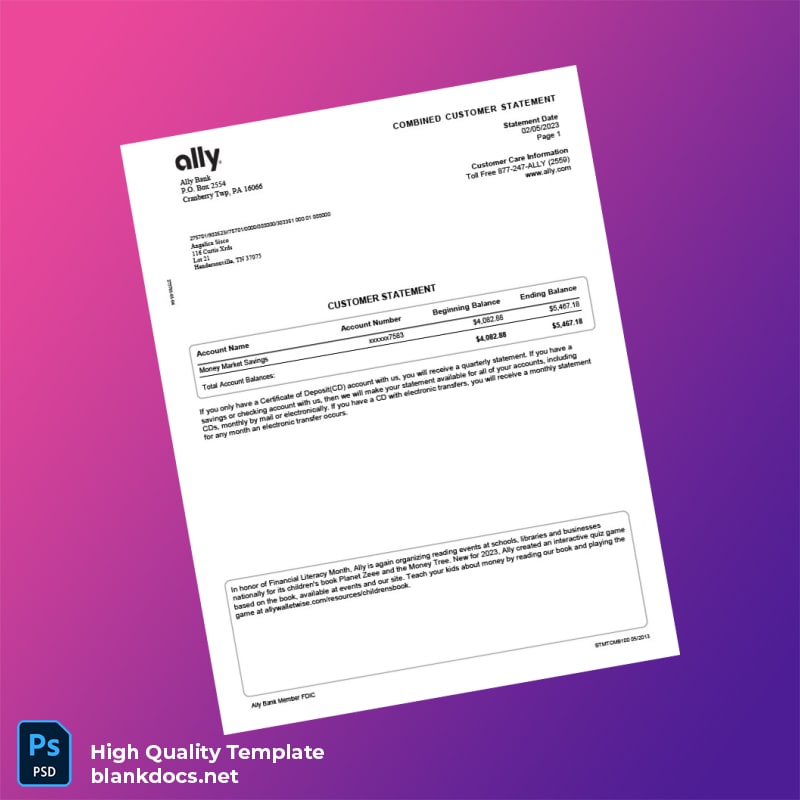 USA Ally Bank Statement Template in Word and PDF formats