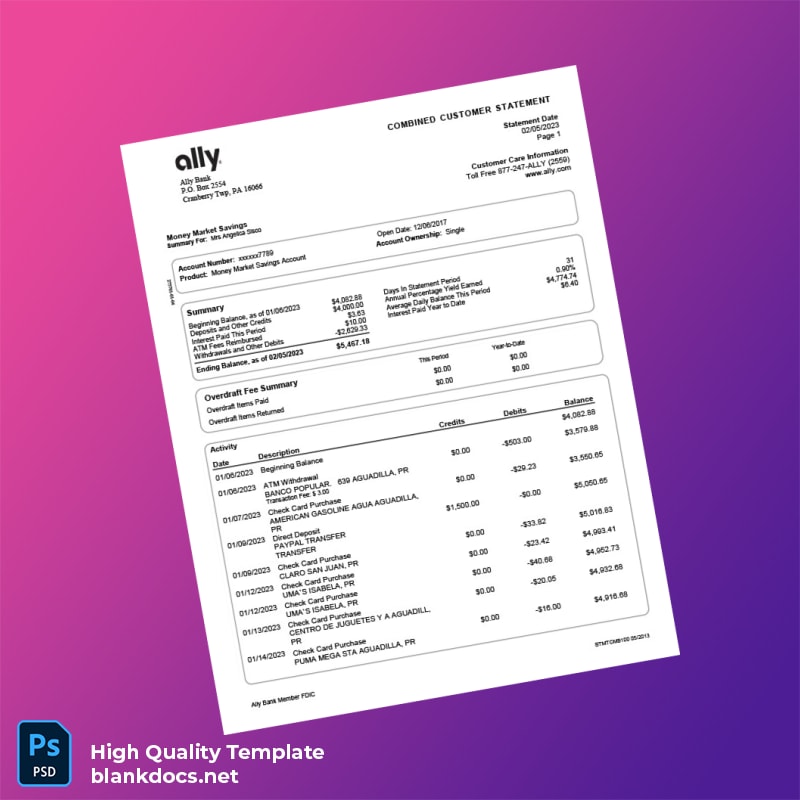 USA Ally Bank Statement Template in Word and PDF formats page 2