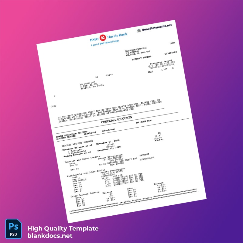 USA BMO Harris Bank Statement Template in Word and PDF formats