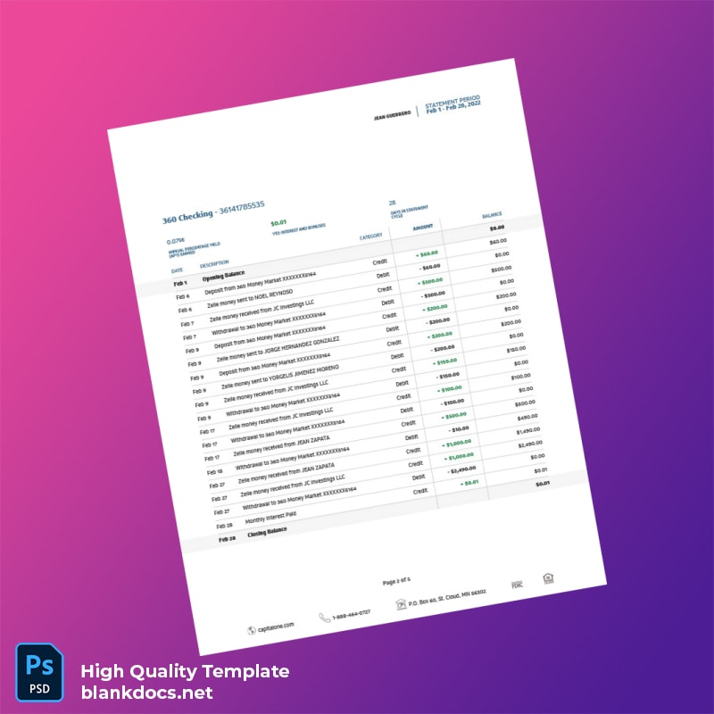 USA Capital One Bank Statement Template in Word and PDF formats page 2