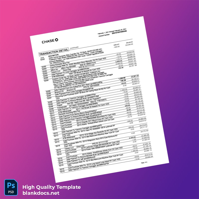 USA Chase College Checking Statement Template in Word and PDF formats page 2