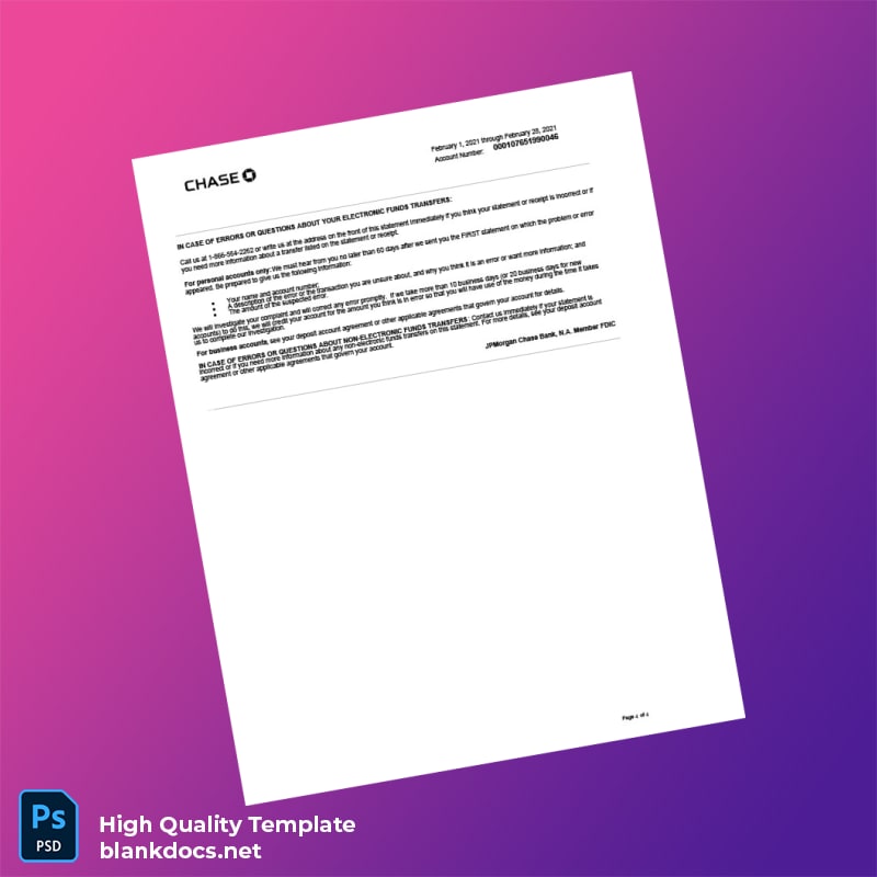 USA Chase College Checking Statement Template in Word and PDF formats page 4