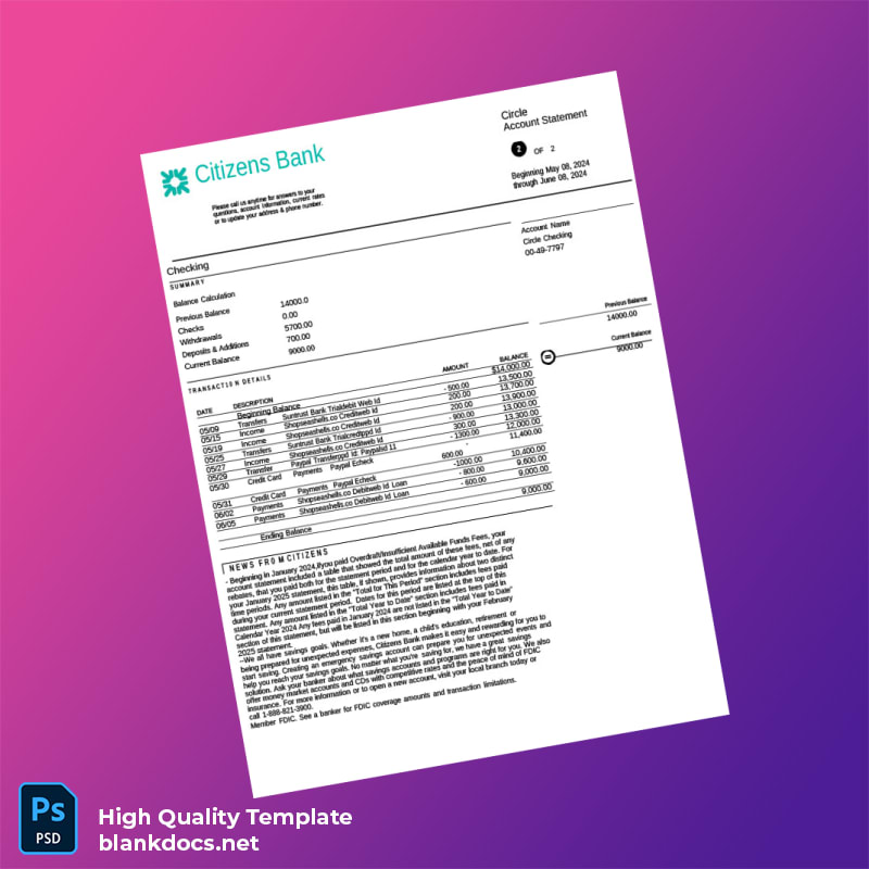 USA Citizens Bank Account Statement Template in Word and PDF formats page 2