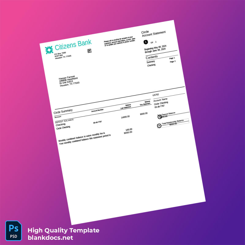 USA Citizens Bank Account Statement Template in Word and PDF formats