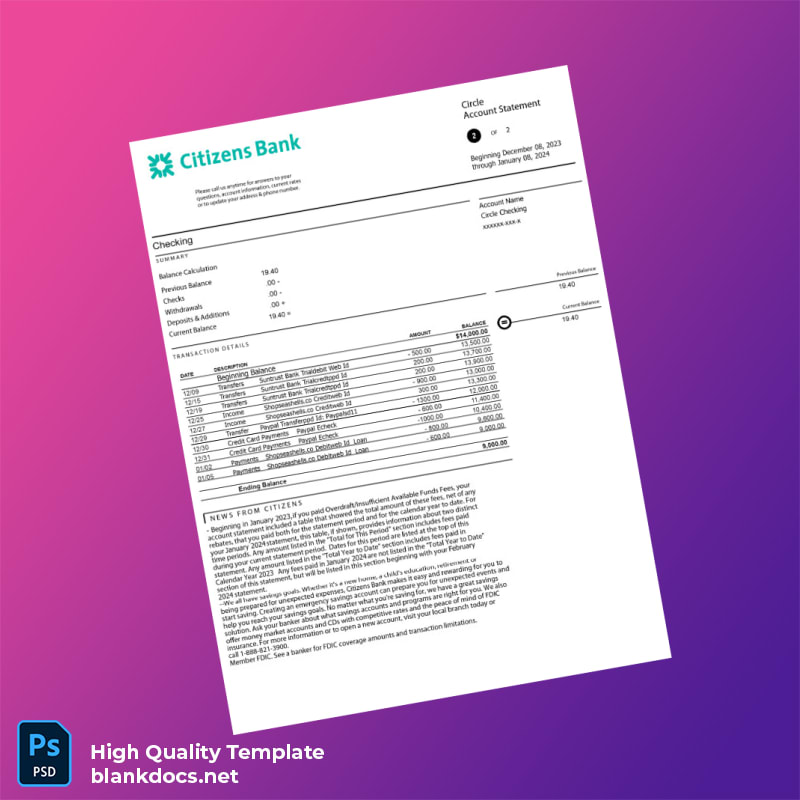 USA Citizens Bank Statement Template in Word and PDF formats page 2