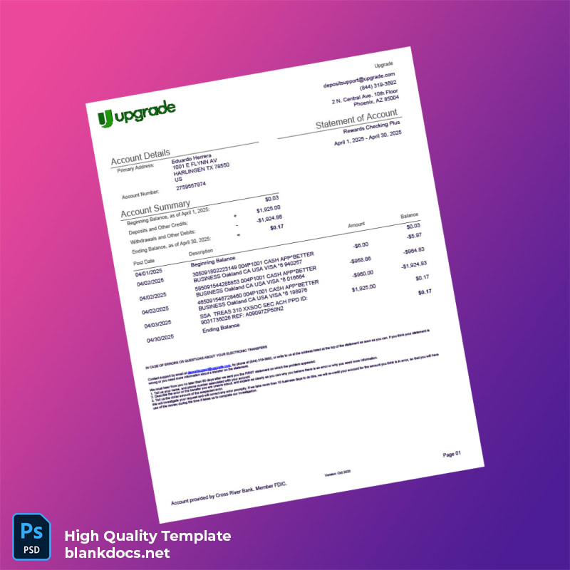 USA Cross River Bank Statement Template in Word and PDF formats