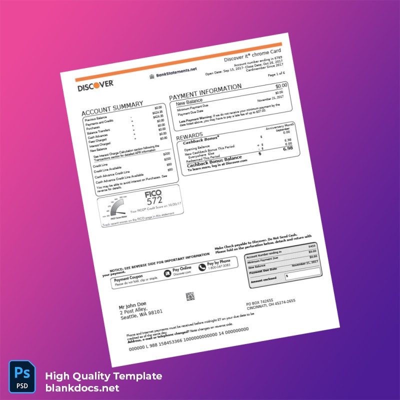 USA Discover Bank Statement Template in Word and PDF formats