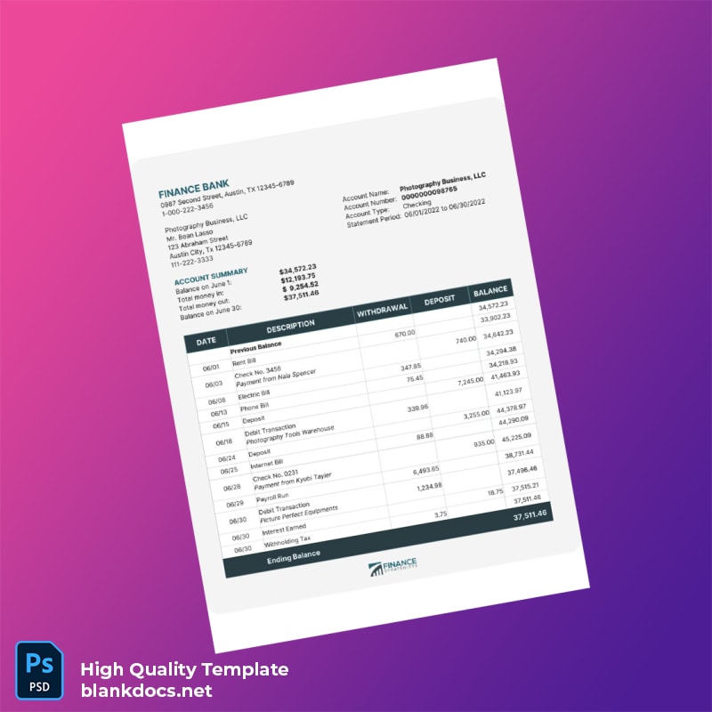 USA Finance Bank Statement Template in Word and PDF formats
