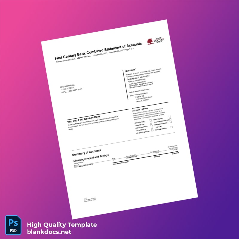 USA First Century Bank Bank Statement Template in Word and PDF formats