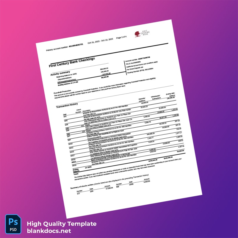USA First Century Bank Statement Template in Word and PDF formats page 2