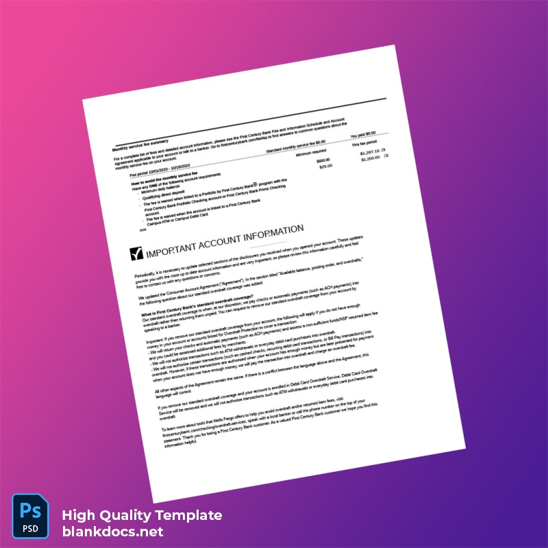 USA First Century Bank Statement Template in Word and PDF formats page 3