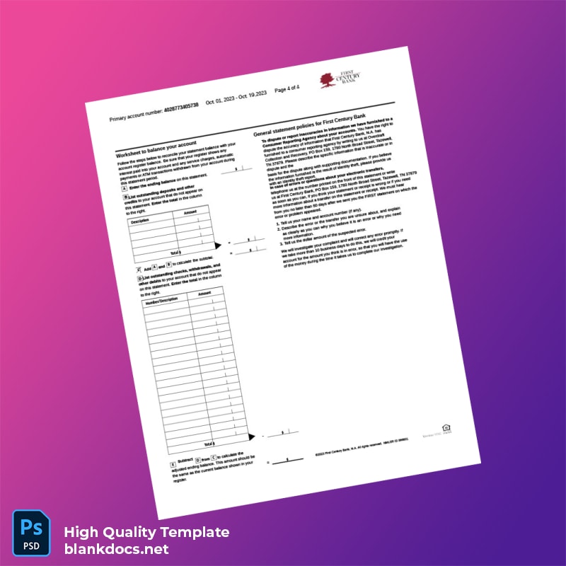 USA First Century Bank Statement Template in Word and PDF formats page 4