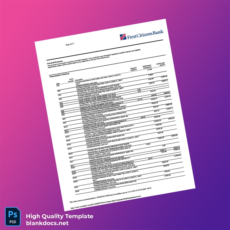 USA First Citizens Bank Statement Template in Word and PDF formats page 2