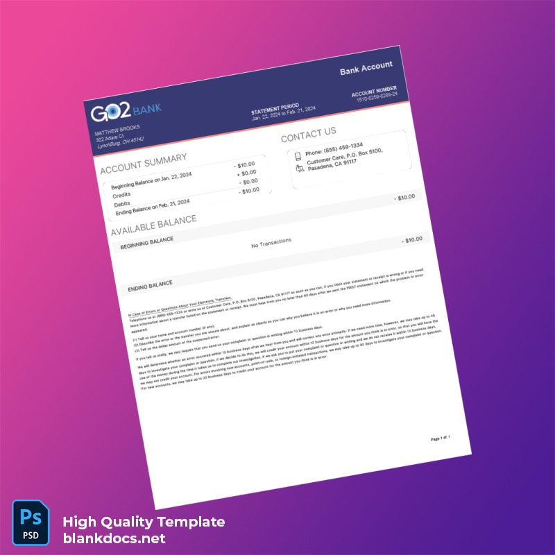 USA Go2bank Bank Statement Template in Word and PDF formats