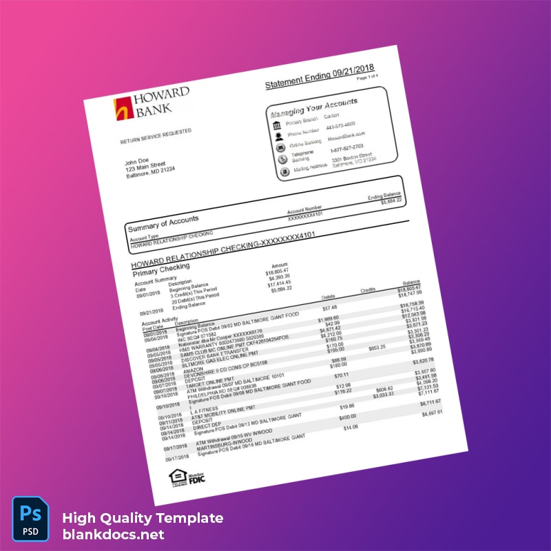 USA Howard Bank Statement Template in Word and PDF formats
