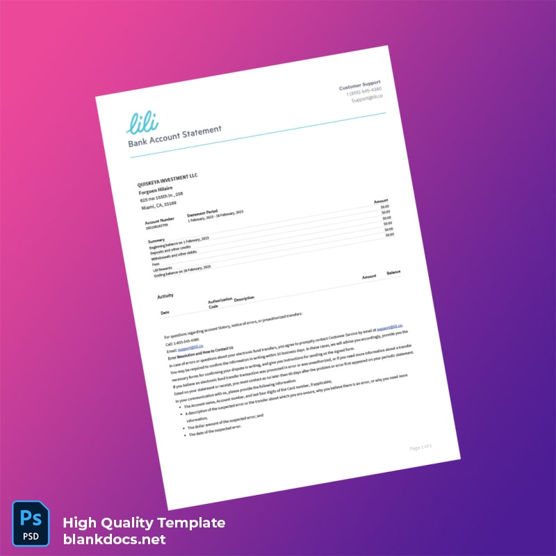 USA Lili Bank Statement Template in Word and PDF formats