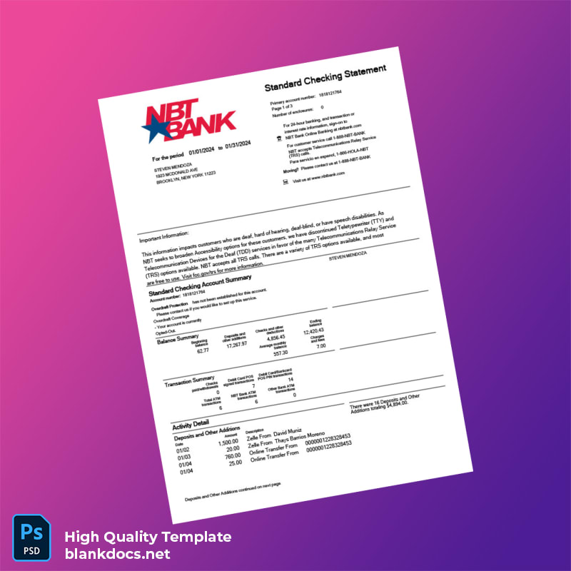 USA NBT Bank Statement Template in Word and PDF formats