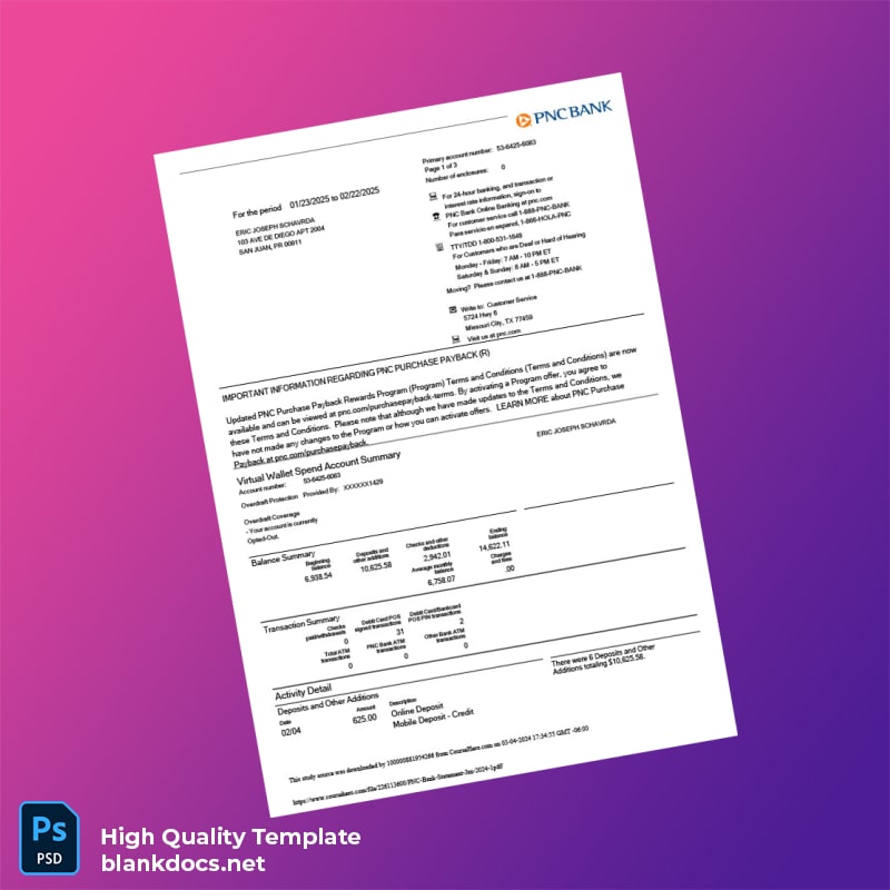 USA PNC Bank Statement Template in Word and PDF formats