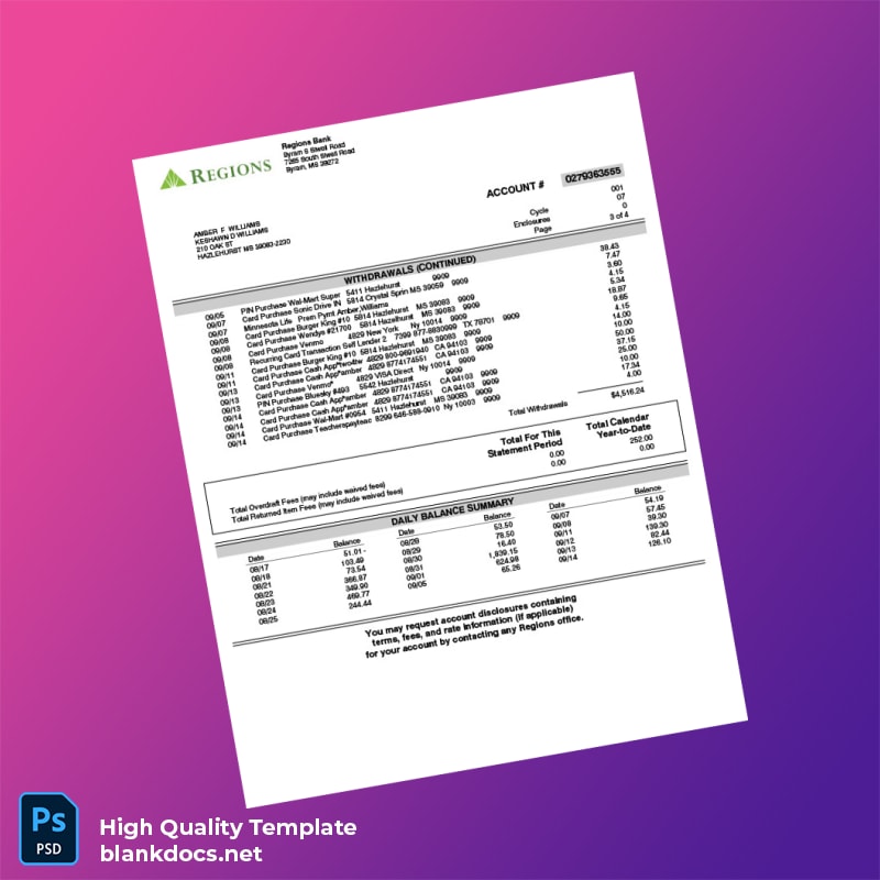 USA Regiones Bank Statement Template in Word and PDF formats page 3