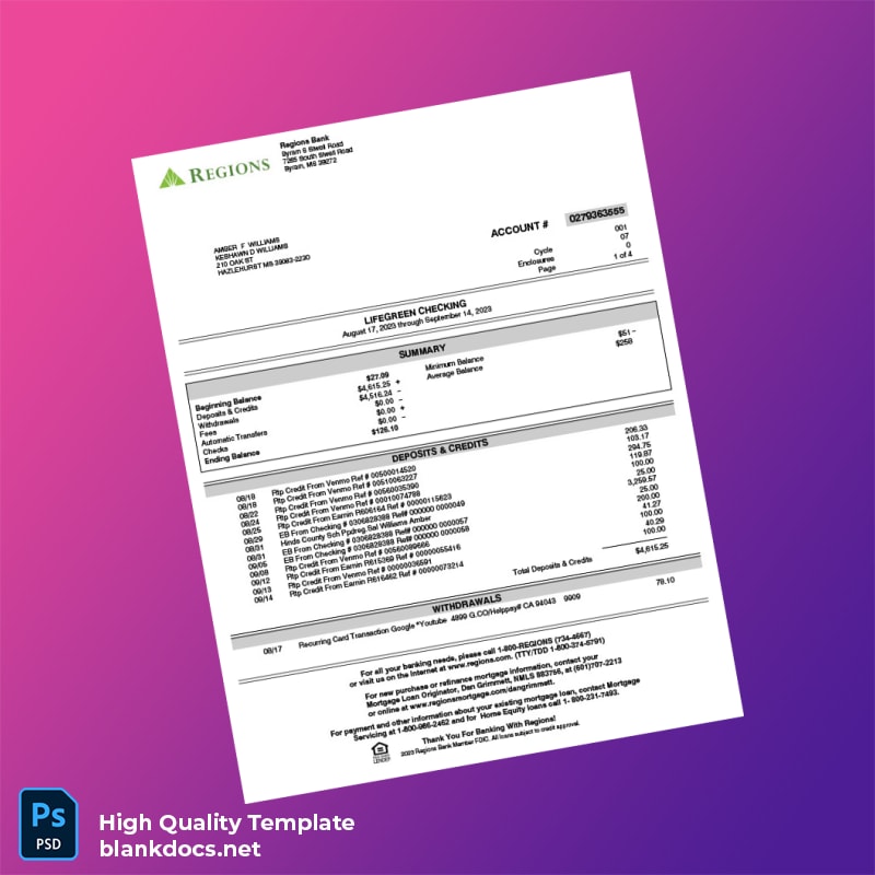 USA Regiones Bank Statement Template in Word and PDF formats