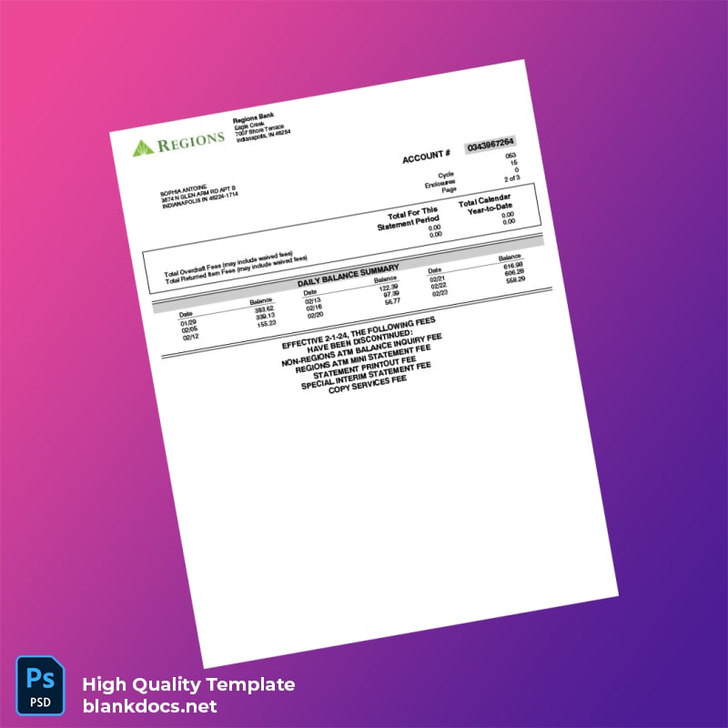 USA Regions Bank Personal Banking Statement Template in Word and PDF formats page 2
