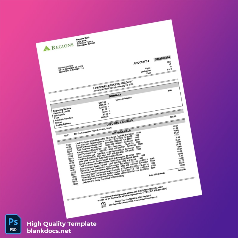 USA Regions Bank Personal Banking Statement Template in Word and PDF formats
