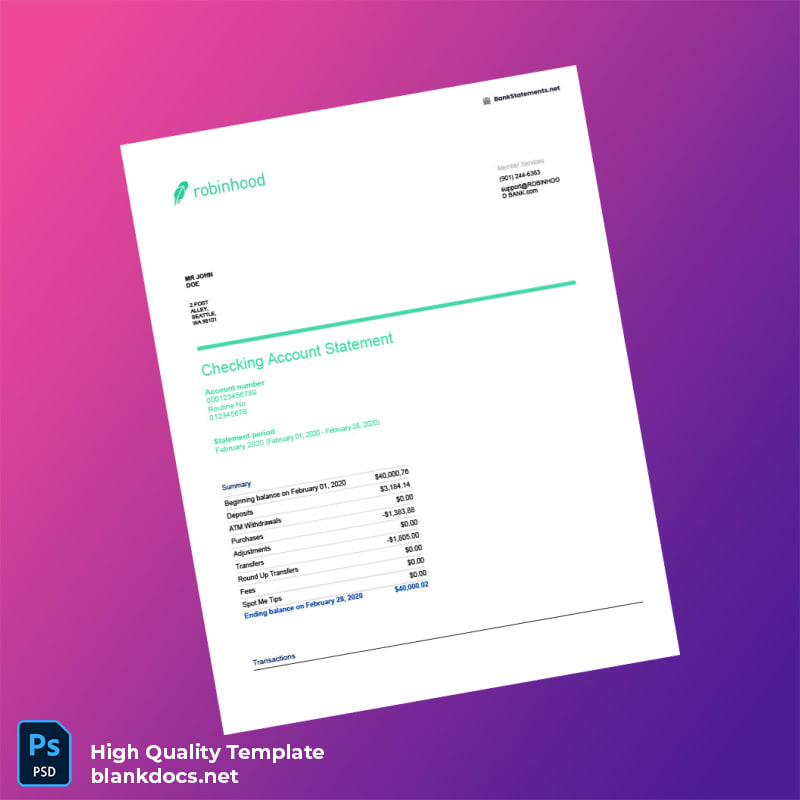 USA Robinhood Bank Statement Template in Word and PDF formats