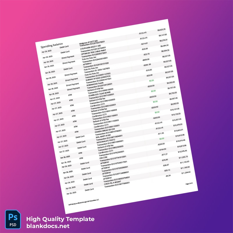 USA SOFI Bank Statement Template in Word and PDF formats page 2