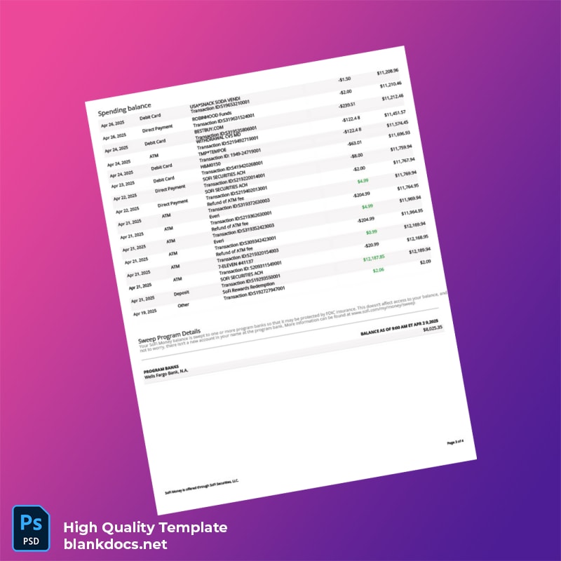 USA SOFI Bank Statement Template in Word and PDF formats page 3