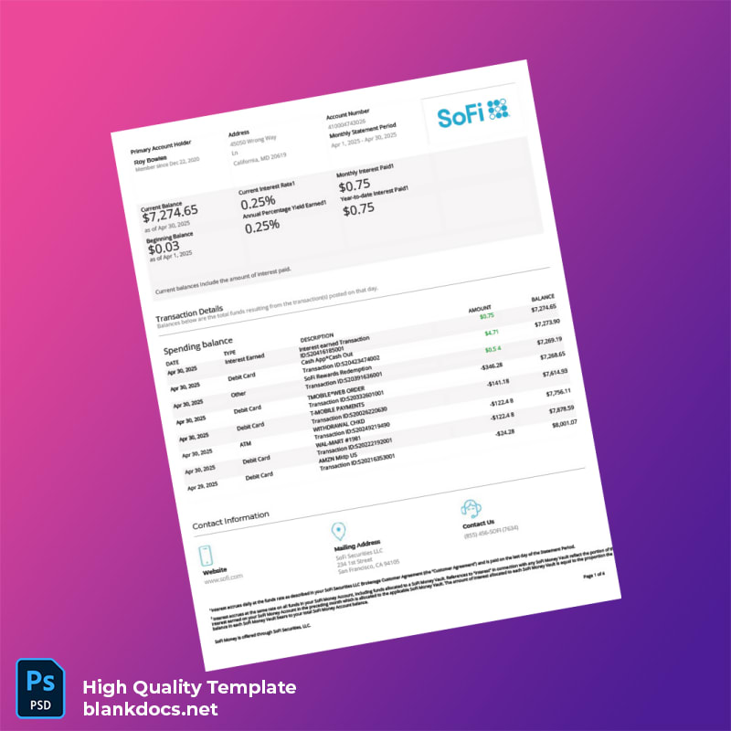 USA SOFI Bank Statement Template in Word and PDF formats