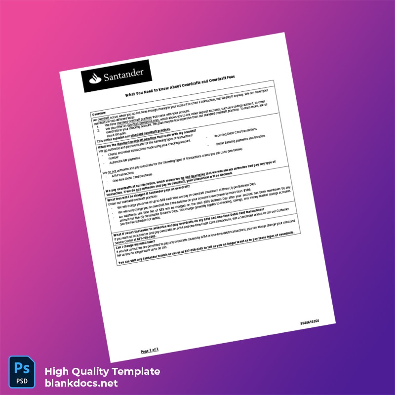 USA Santander Bank Statement Template in Word and PDF formats page 2