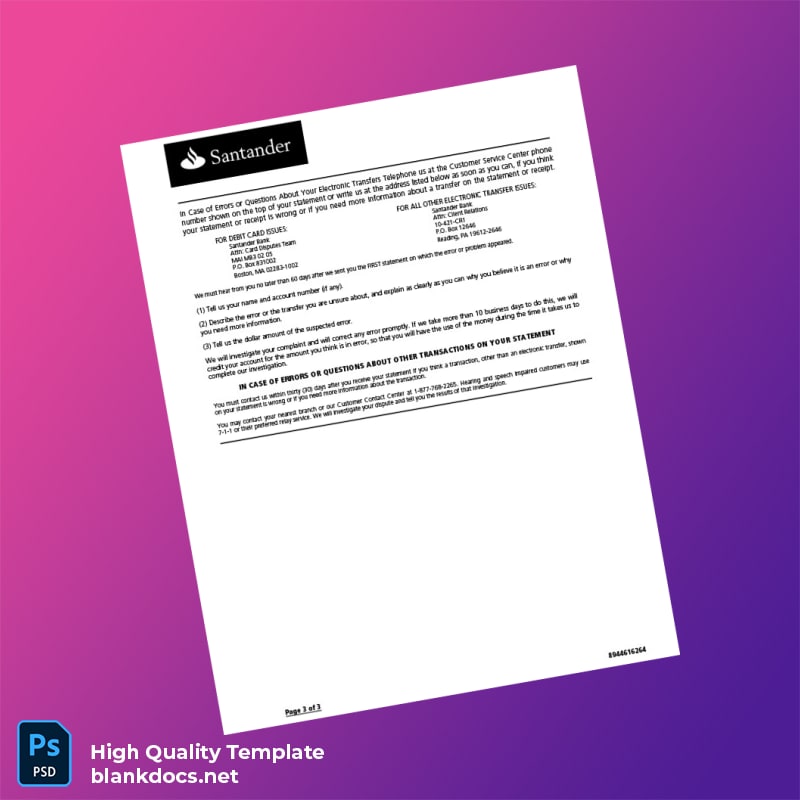 USA Santander Bank Statement Template in Word and PDF formats page 3