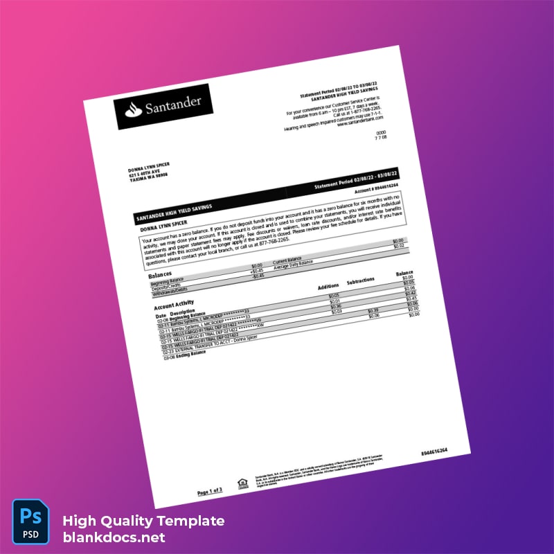 USA Santander Bank Statement Template in Word and PDF formats