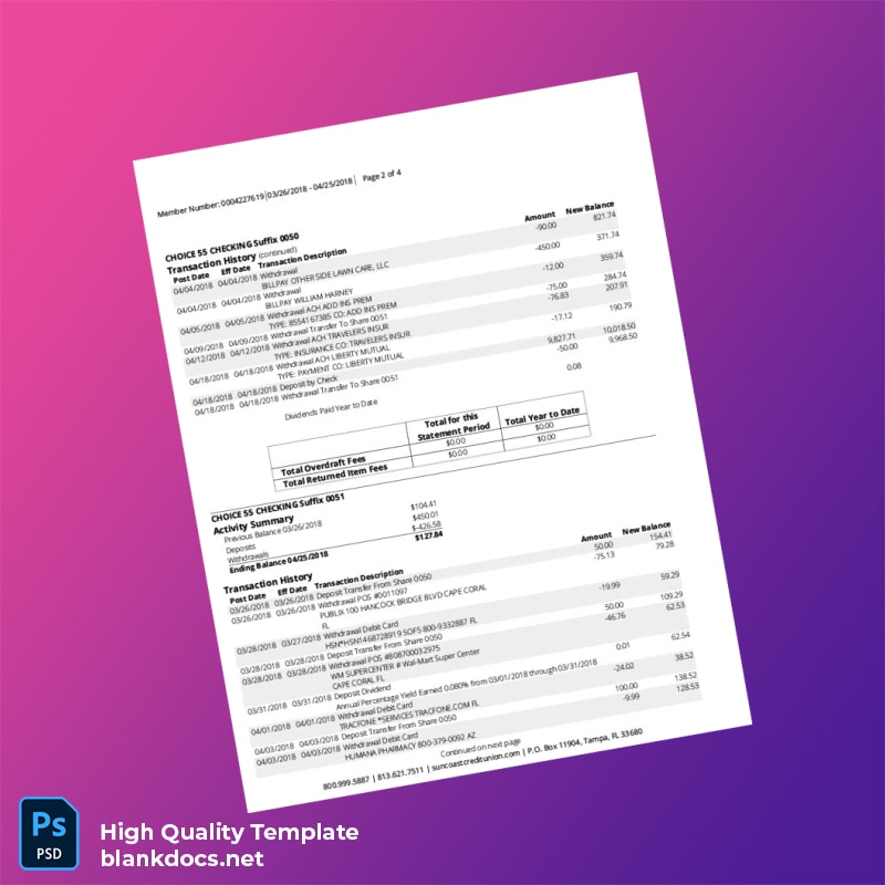 USA Suncoast Bank Statement Template in Word and PDF formats page 2