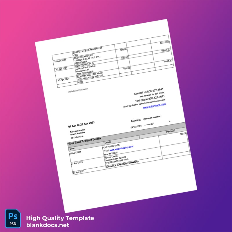 USA Sutton Bank Statement Template in Word and PDF formats page 2