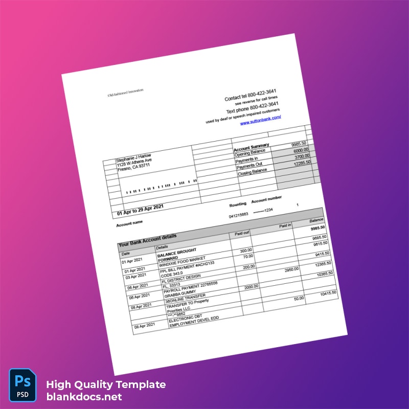 USA Sutton Bank Statement Template in Word and PDF formats