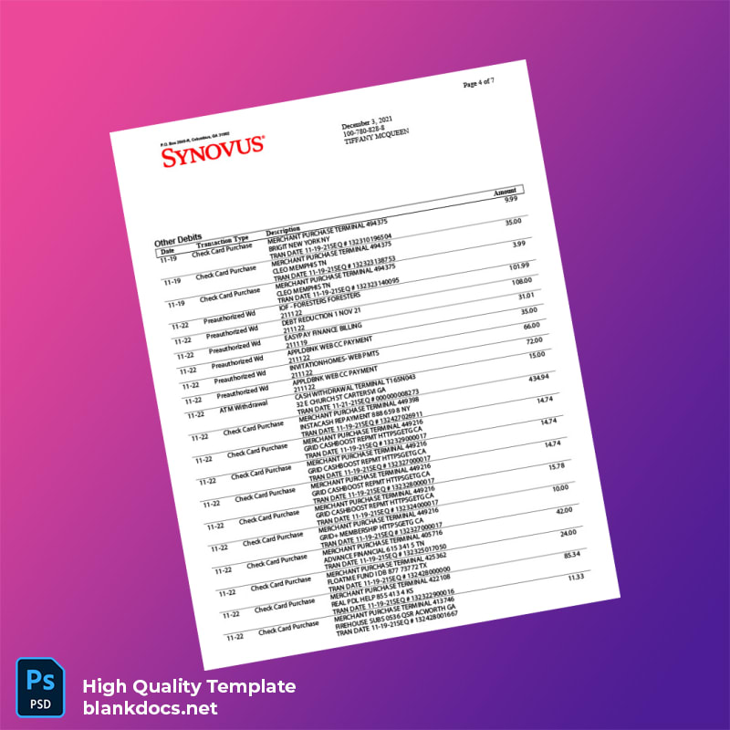 USA Synovus Bank Statement Template in Word and PDF formats page 4