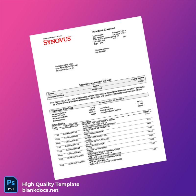 USA Synovus Bank Statement Template in Word and PDF formats