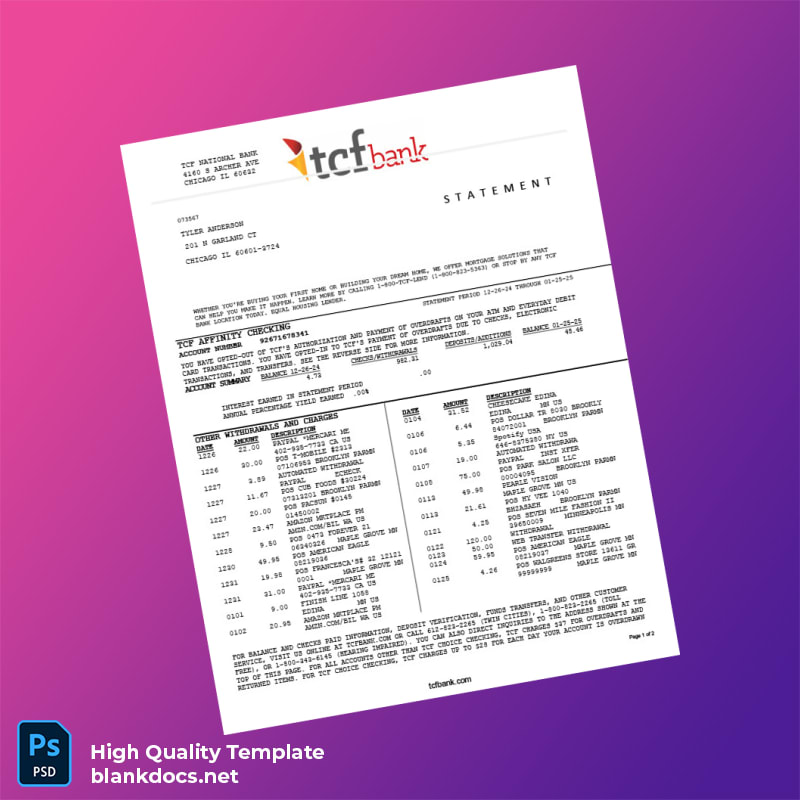 USA TCF Bank Statement Template in Word and PDF formats