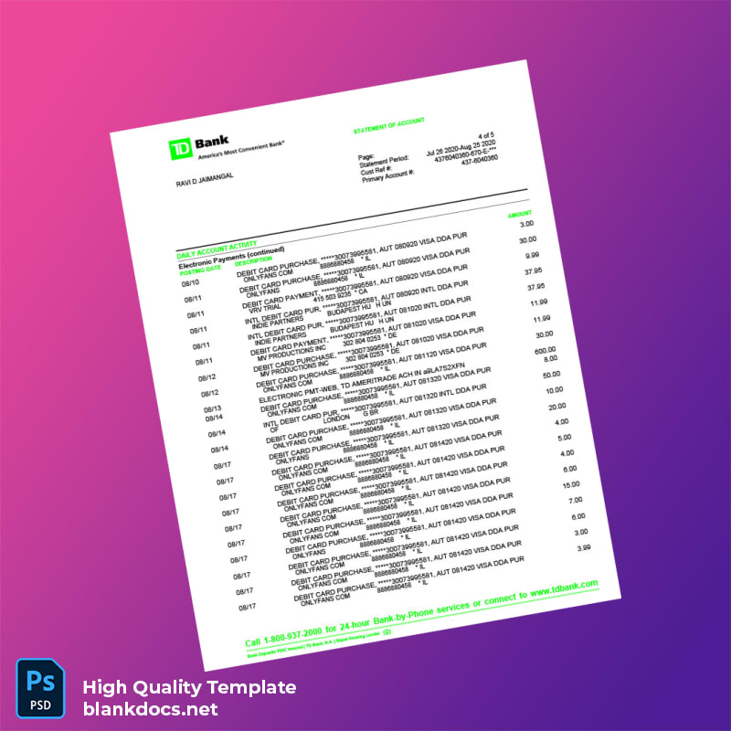 USA TD Bank Statement Template in Word and PDF formats page 4