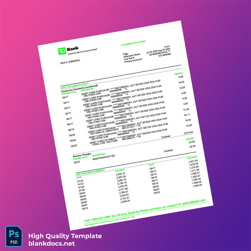 USA TD Bank Statement Template in Word and PDF formats page 5